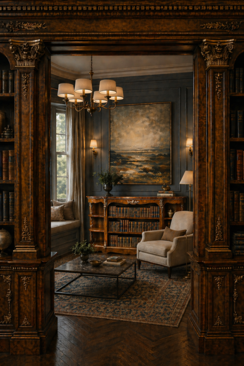 19th century antique English burr walnut bookcase for classic interior