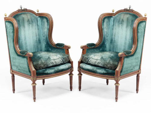 Pair French Antique Louis XVI Wing Chairs a