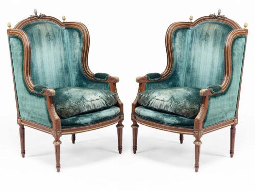 Pair French Antique Louis XVI Wing Chairs a