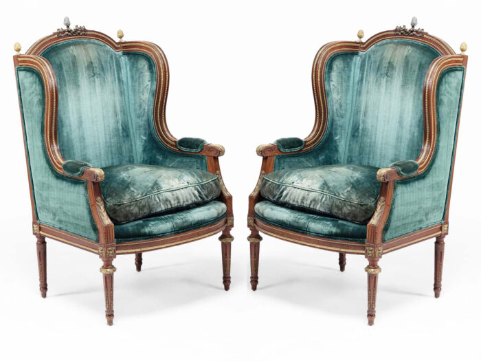 Pair French Antique Louis XVI Wing Chairs a