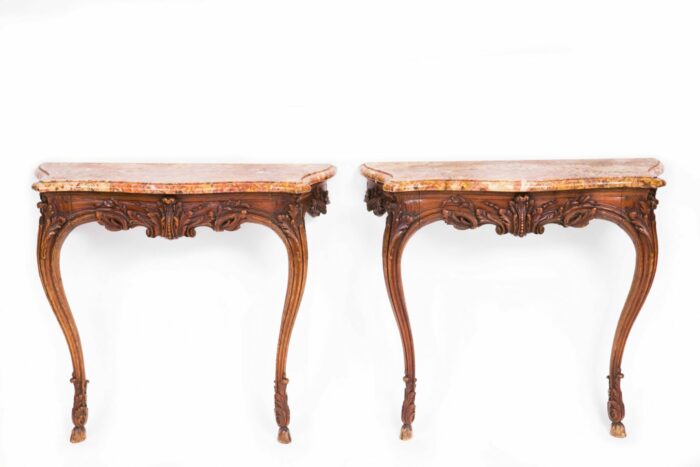 Rare Pair of Early 19th Century French Provincial Louis XV Oak Console Tables of Small proportions.