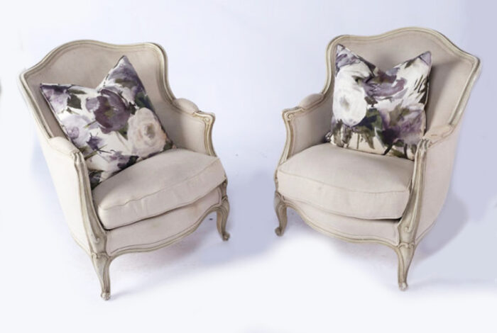 Pair French Louis Bergere Antique Armchairs