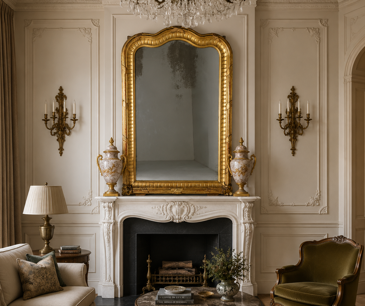 French Antique Giltwood Mirror Curved 23 large-antique-overantle-mirror
