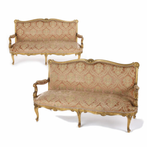 Pair-French-Louis-XV-Antique-Settees