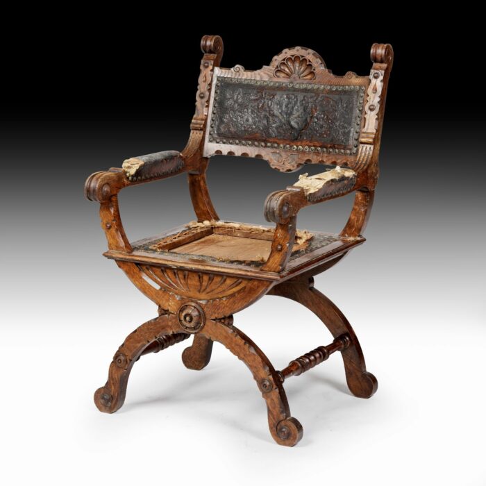 19th Century French Oak X-frame Arm Chair - Image 4