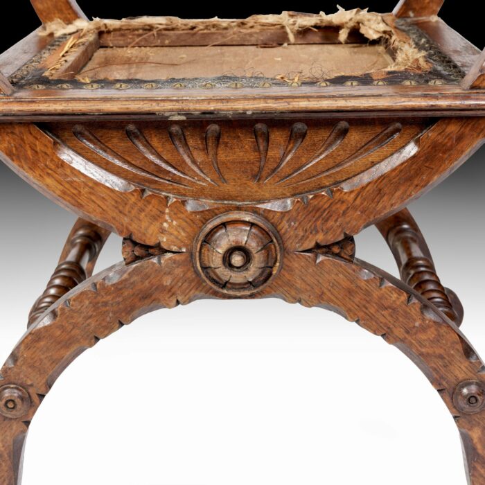 19th Century French Oak X-frame Arm Chair - Image 9