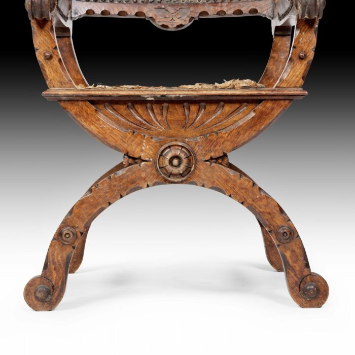 19th Century French Oak X-frame Arm Chair - Image 8
