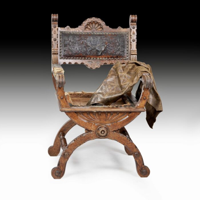 19th Century French Oak X-frame Arm Chair - Image 6