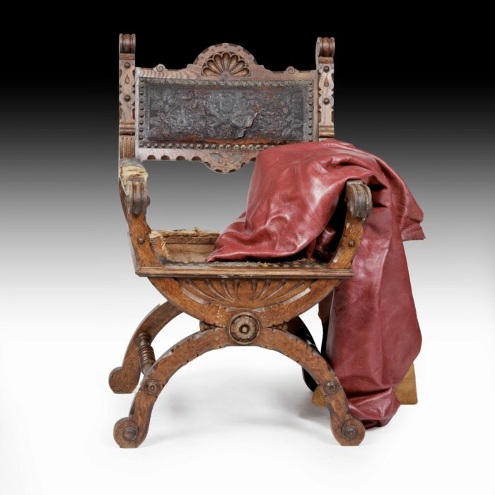 19th Century French Oak X-frame Arm Chair - Image 5