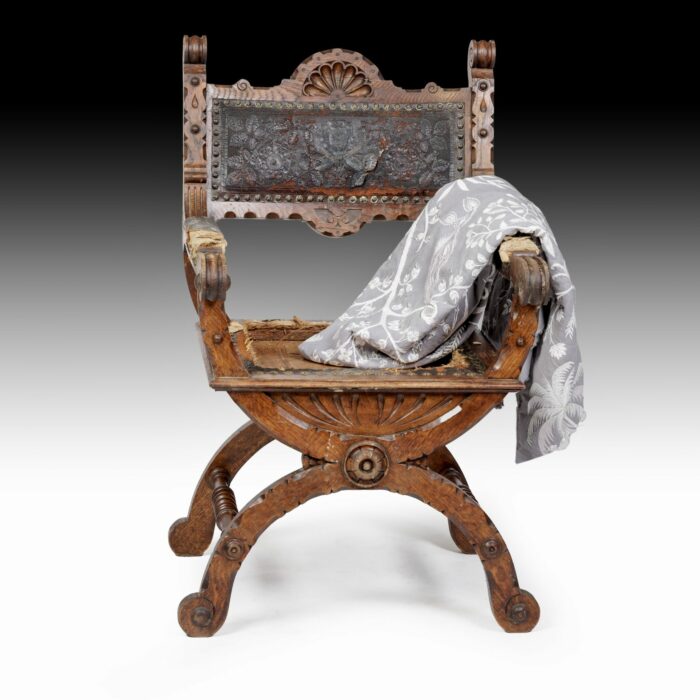 19th Century French Oak X-frame Arm Chair - Image 2
