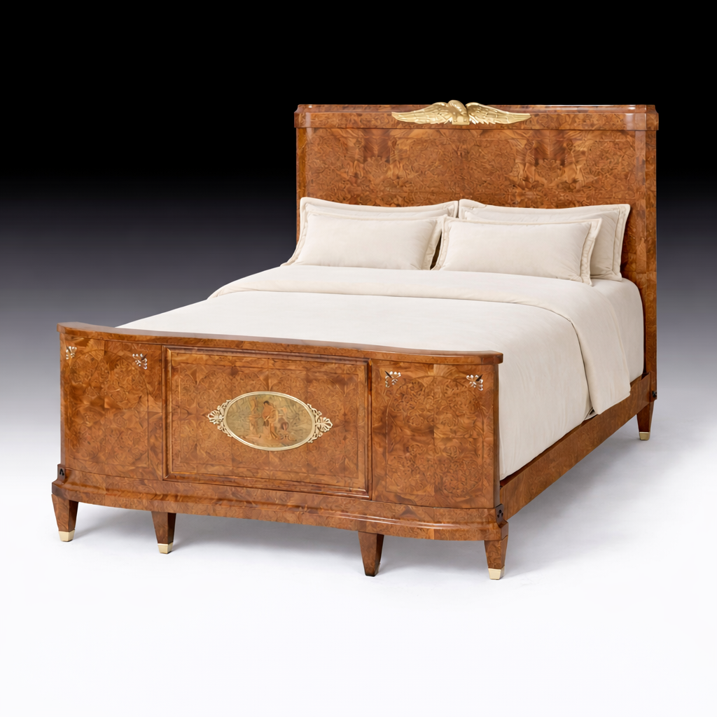French Art Deco Antique Bed – Figured Walnut Veneer with Geometric Inlay