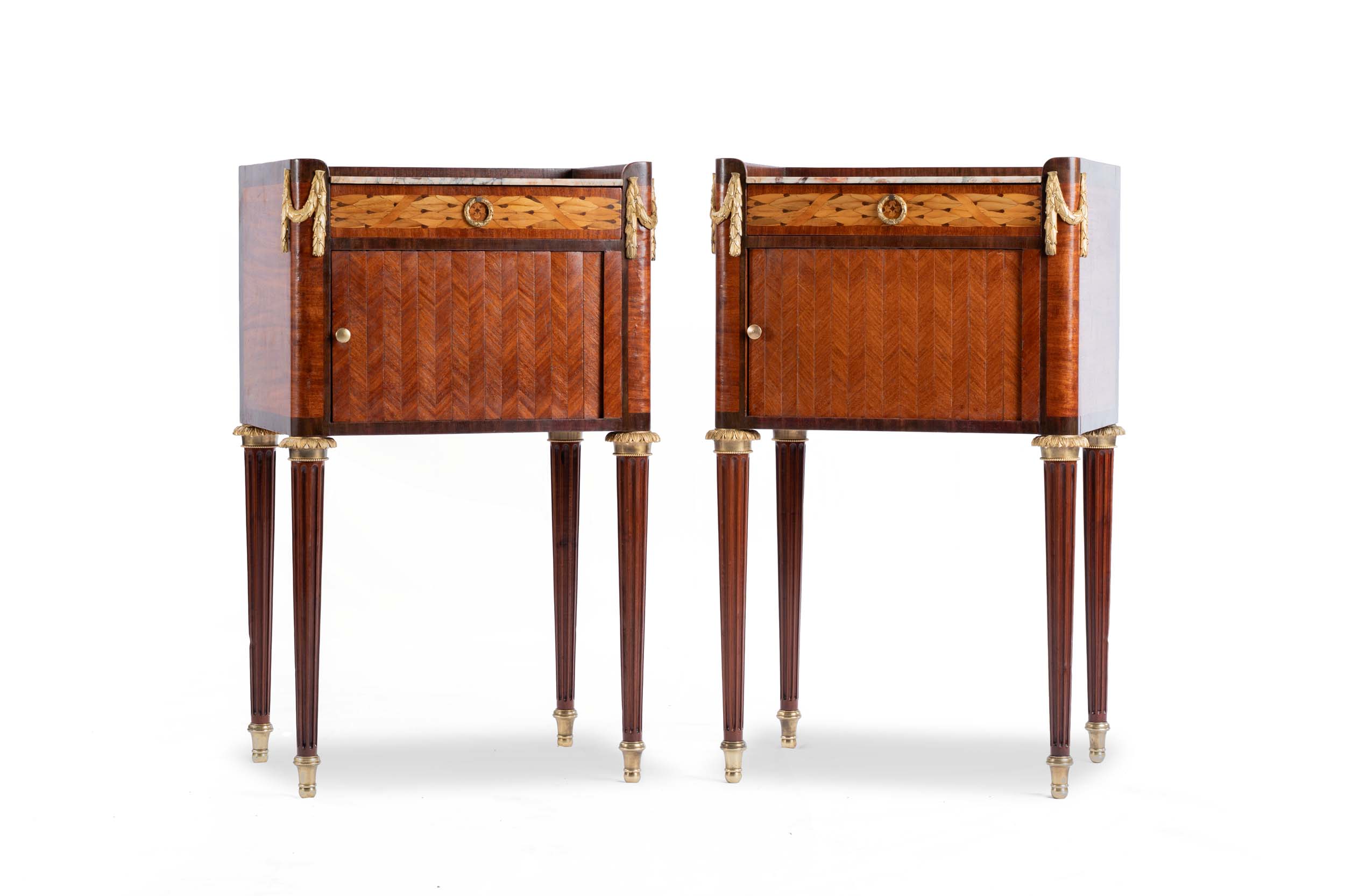 Pair 19th Century French Marquetry Bedsides 12 Fine pair 19th century french inlaid louis xvi side tables
