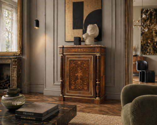 19th century French inlaid side cabinet in contemporary classic living room
