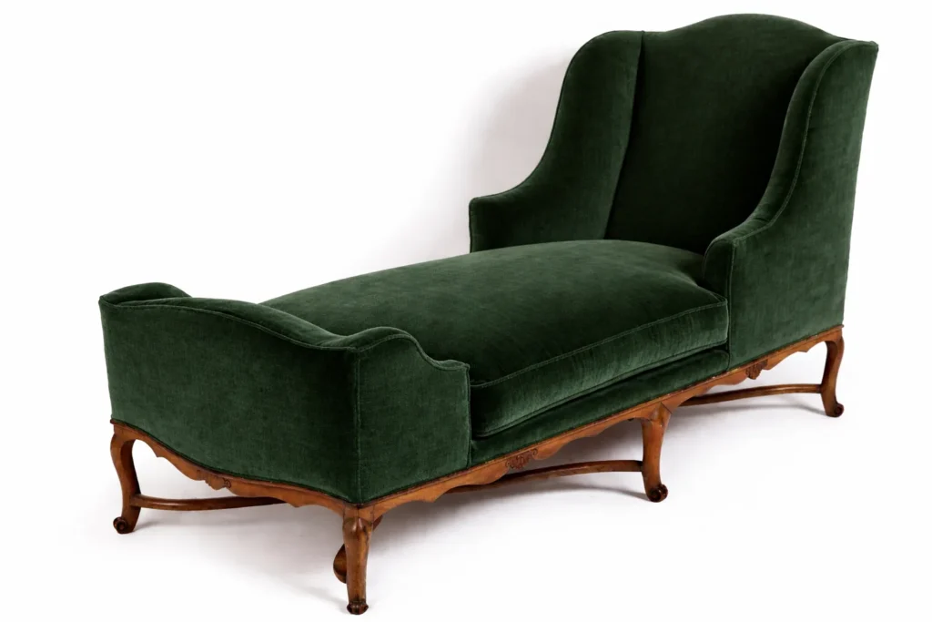 Decorating with Antique Furniture: Seeing the Potential in Period Pieces 12 before and after image of a french chaise longue reupholstered in forest green velvet