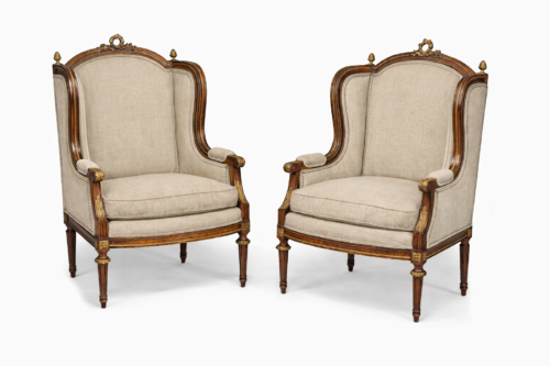pair of french antique armchairs in natural linen