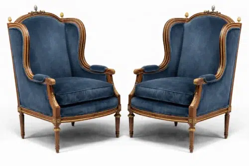 Before and after antique armchairs in blue velvet