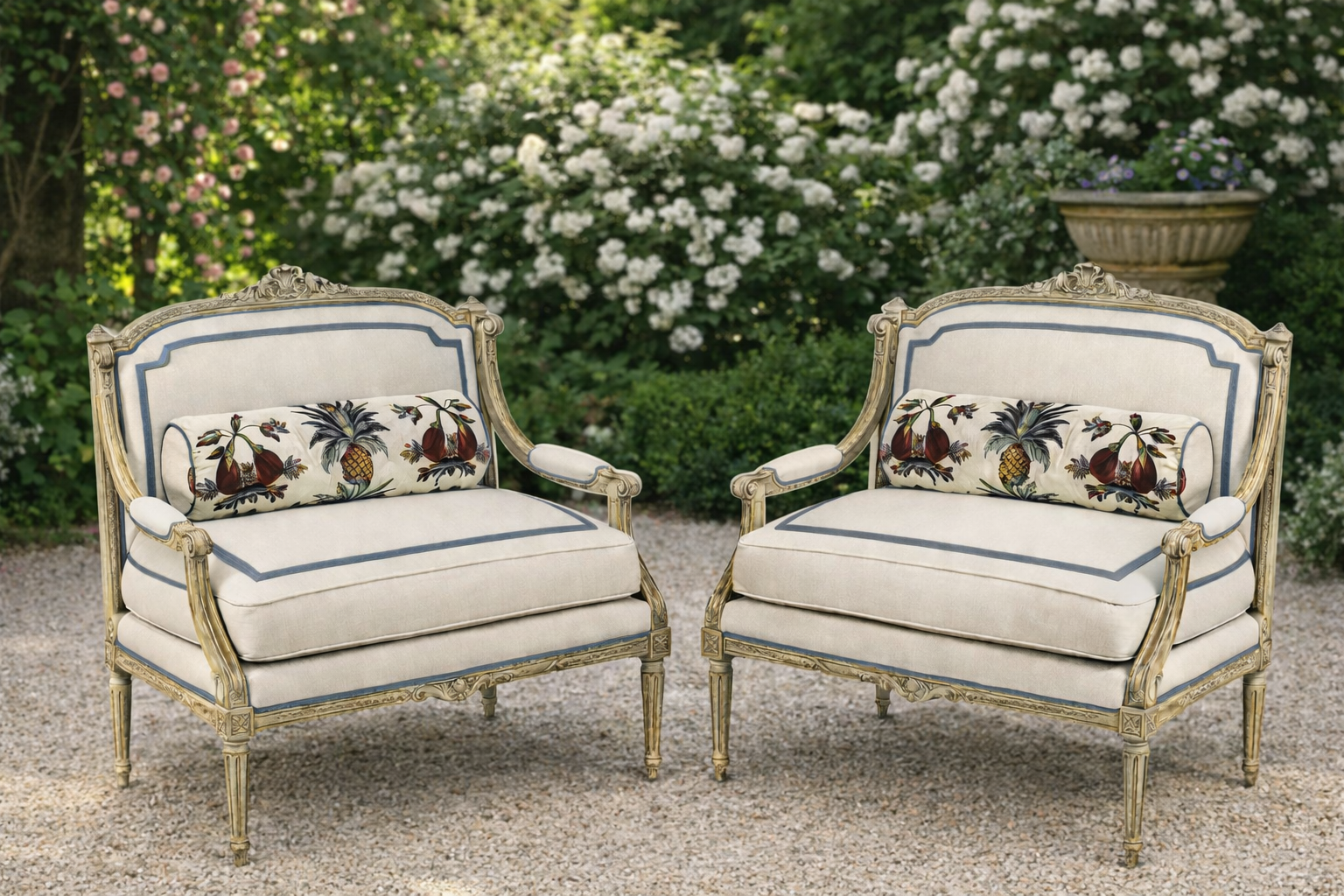 pair french louis xvi armchairs transformed through restoration and reupholstery