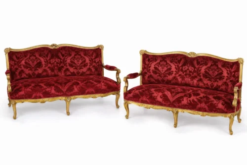 reimagined pair 19th century gilded sofas with fadhini borghi fabric
