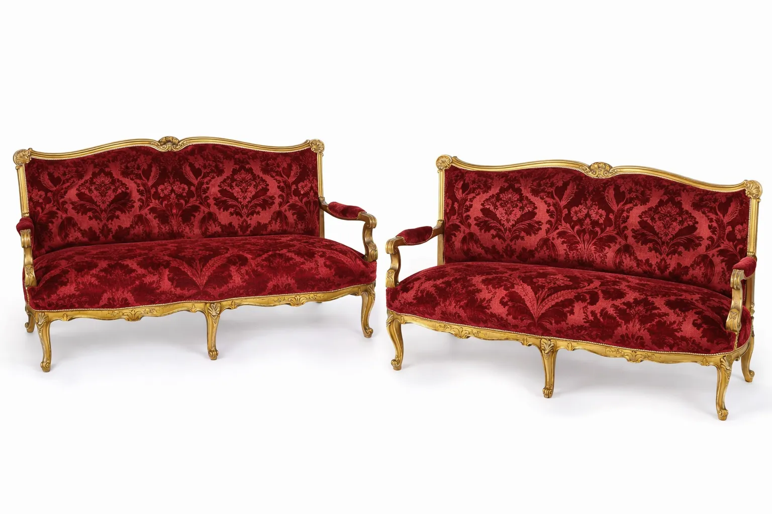 reimagined pair 19th century gilded sofas with fadhini borghi fabric