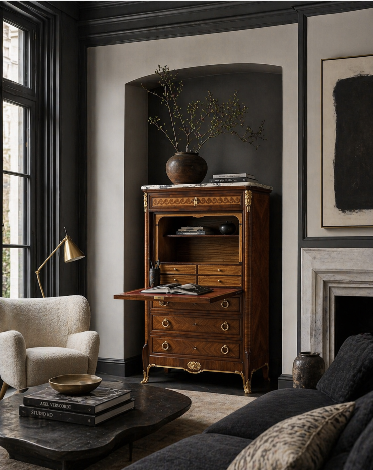 An antique secrétaire chest in a modern interior