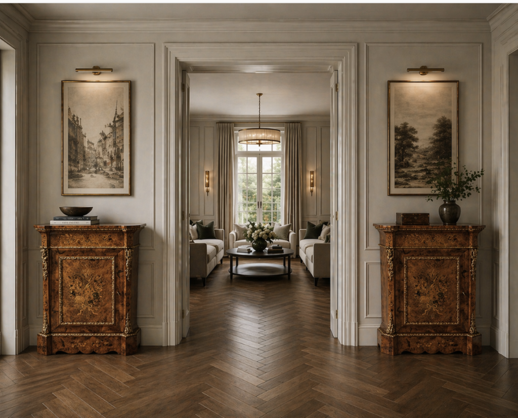 A pair of burr walnut pier cabinets are architecturally placed within an interior