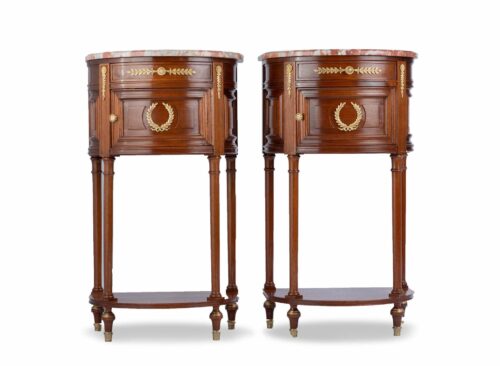 Pair 19th century walnut bedside tables of demi-lune shape
