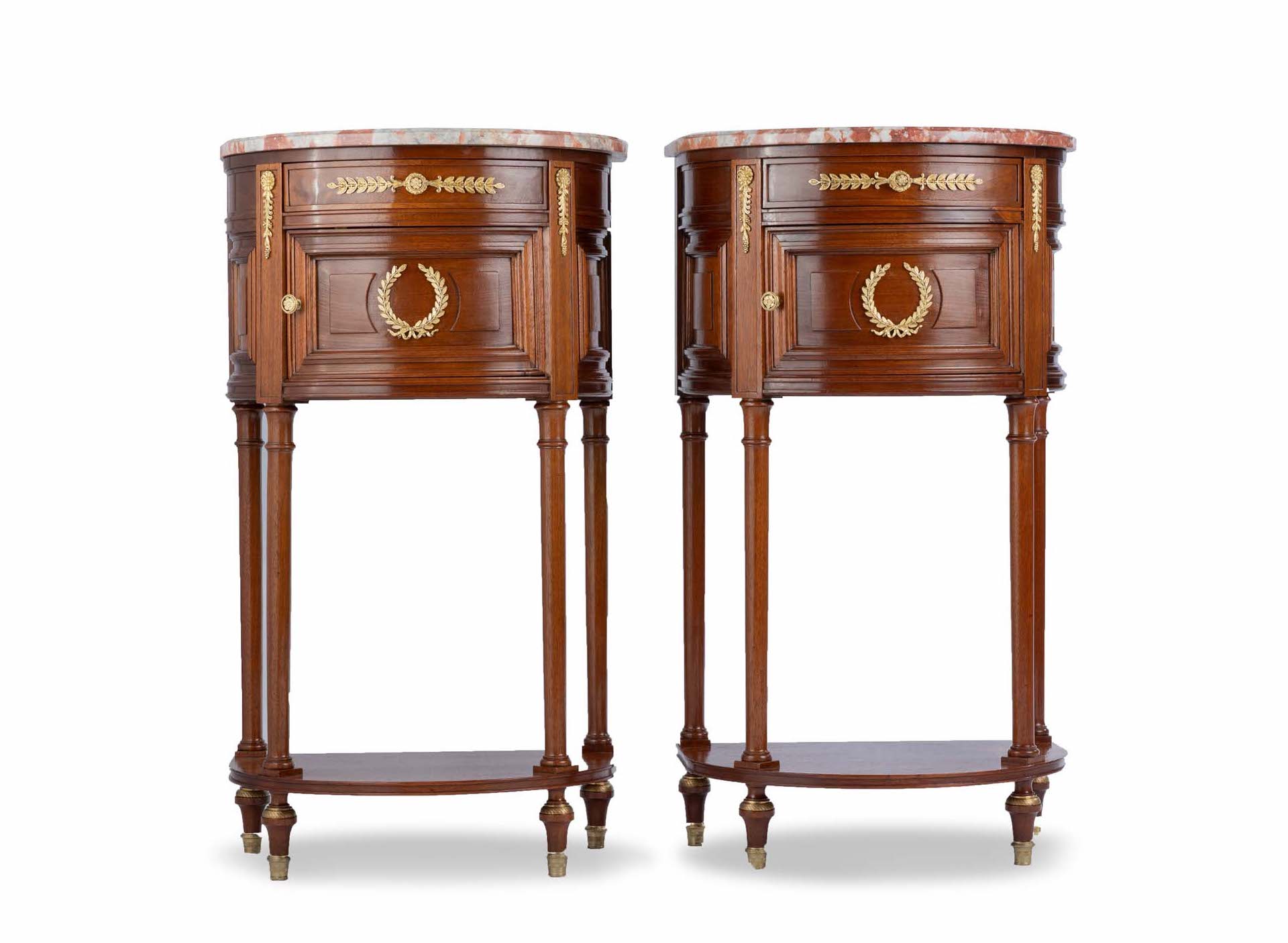 Pair of Antique Louis XVI Marble Top Bedside Tables 29 Pair 19th century walnut bedside tables of demi-lune shape