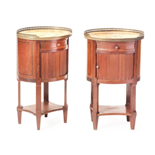 Pair Small Walnut-Bedside-Tables-Marble-Tops